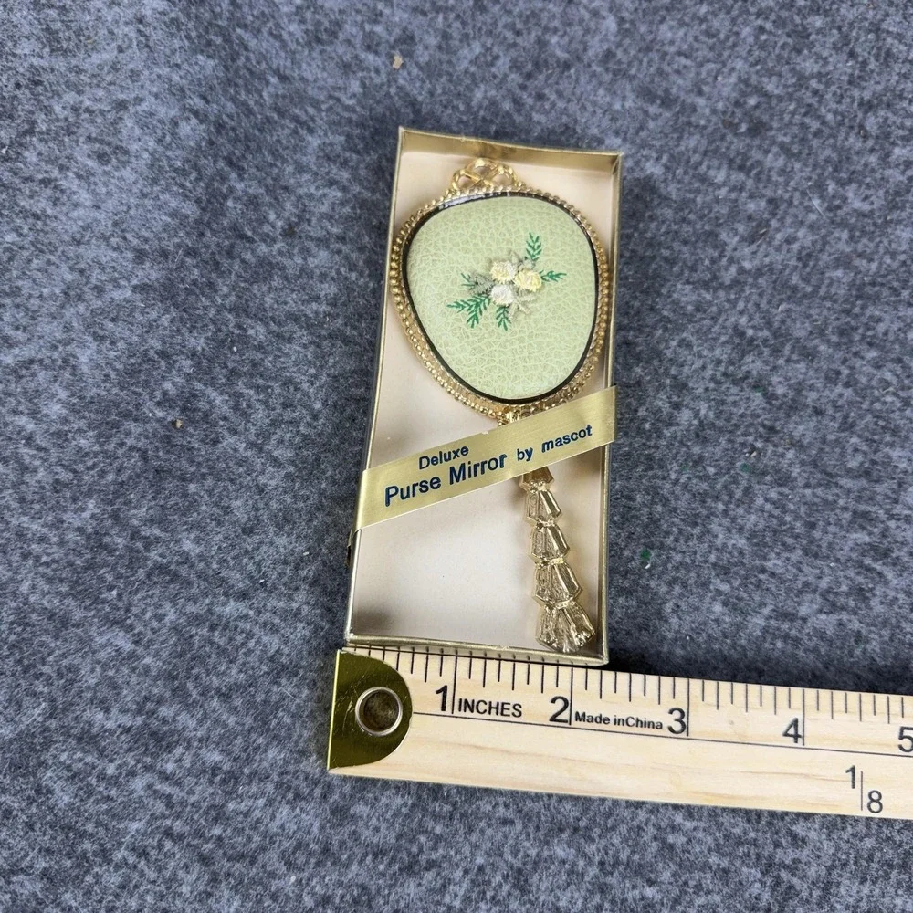 Vintage Mascot Deluxe Purse Mirror Gold Floral Hand Held Oval‎ Vanity Box USA